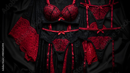 hanging black red lace sexy lingeri.flat lay.