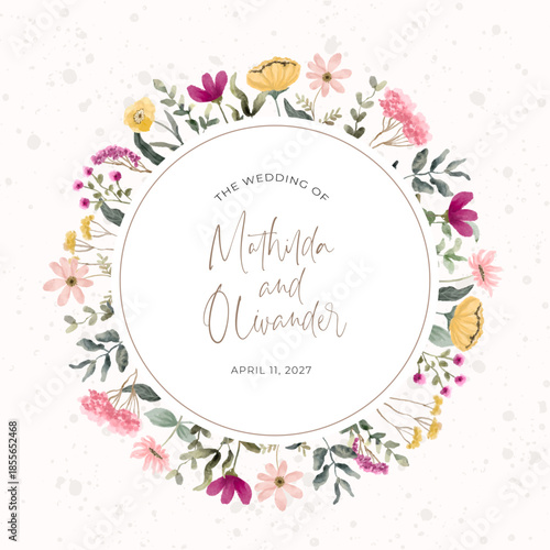 pink yellow wildflower watercolor round frame