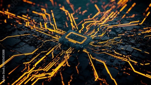 Wallpaper Mural Display Technology Concept with Monitor symbol on a Microchip. Orange Neon Data flows from the CPU across a Futuristic Motherboard. Seamless Loop. Torontodigital.ca