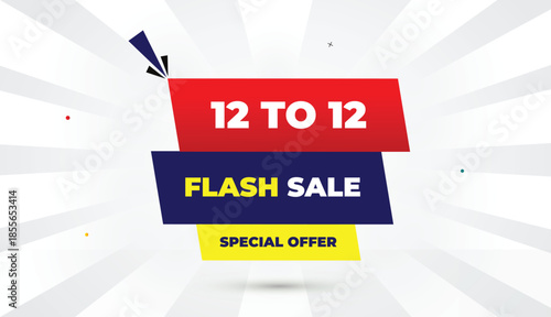 flash sale twelve to twelve special offer editable eps format web banner vector art illustration template design red gradient blue yellow shapes bold font white gray abstract illustration sun shine bu