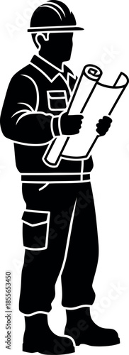 Construction worker silhouette with blueprint