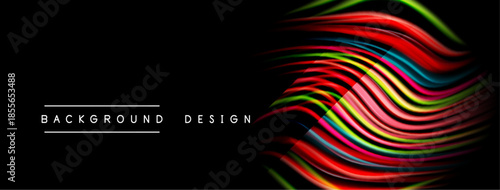 Abstract colorful lines form wave pattern. Black background provides strong contrast. Text reads background design. Modern visual element.