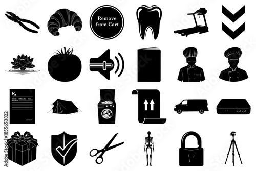 Assorted Black and White Silhouette Icons Keywords: pliers, croissant, remove from cart, tooth