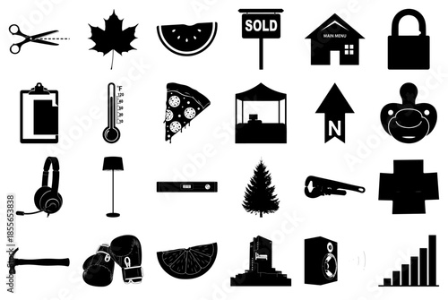 Assortment of Black and White Icons Featuring Everyday Objects and Symbols Keywords: scissors