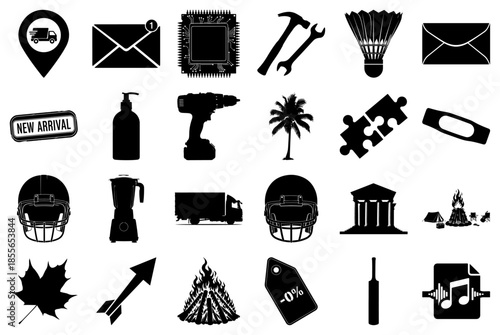 Assortment of Black and White Icons on White Background Keywords: map pin, delivery truck icon