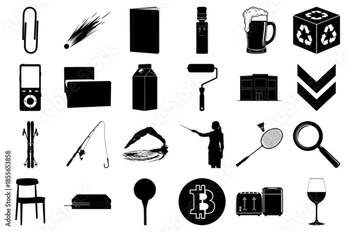 Assortment of Black and White Silhouette Icons Keywords: paperclip, comet, book, water cooler