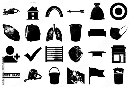 Black and White Icon Grid with Tools, Nature, and People