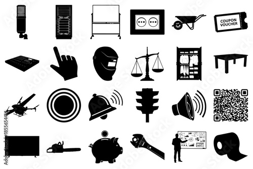 Collection of Black and White Icons on White Background Keywords: microphone, computer server
