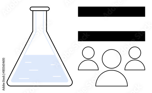 Blue-filled lab flask next to equality sign over three human outlines, merging science, equality, and teamwork. Ideal for research, innovation, diversity, inclusion, collaboration education simple
