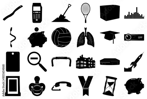 Diverse Black and White Icons and Silhouettes Keywords: stick, phone, shovel, tennis racket
