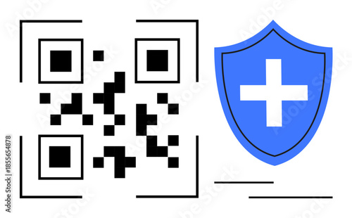 Health safety, identity authentication, medical data security, digital safeguards, healthcare technology, secure access. QR code alongside blue shield with medical cross. Health safety and identity