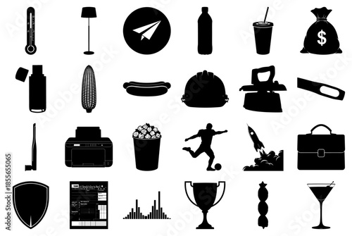 Diverse Black and White Silhouette Icons Collection Keywords: thermometer, floor lamp, paper
