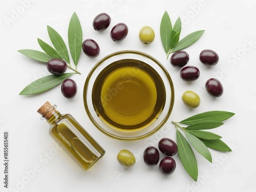Bowl with jojoba oil and seeds on white background, top view