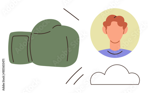Green boxing glove heading toward a male portrait with minimal facial detail alongside a small cloud. Ideal for conflict, challenge, emotion, struggle, confrontation, resilience, determination