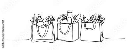 Continuous vector art line. Paper bag with food ingredients. Transparent background. editable stroke.
