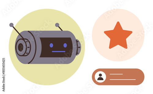 Friendly robot with antennas, orange star for ratings, and user profile graphic for identity. Ideal for technology, user feedback, chatbot, automation, AI recognition reviews communication. Simple