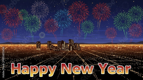Celebratory Fireworks over Cityscape: A vibrant display of fireworks illuminates the night sky over a sprawling cityscape, heralding the arrival of a new year, creating a spectacle of color and joy.