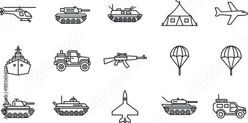 Military helicopter, battle tank, armored vehicle, warship, assault rifle, parachute, jet fighter, jeep, tent, airplane, SUV, defense icons, combat equipment illustration