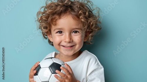 Happy little boy with curly hair holding soccer ball and smiling on blue background