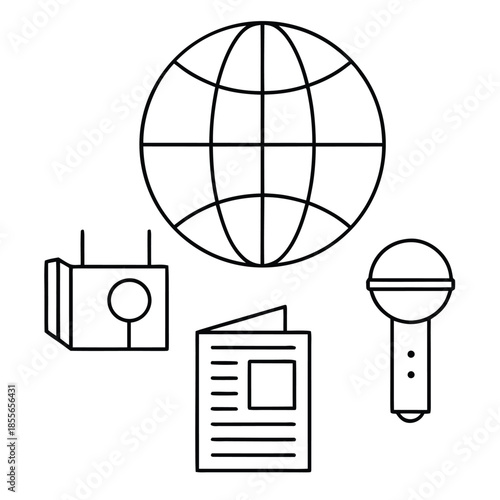 A globe, microphone, newspaper, and radio represent global communication and media.