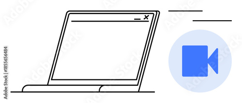 Digital meetings, virtual learning, online collaboration, communication tools, tech support, remote work. Sketch of a laptop with a video camera icon for virtual meetings. Digital meetings