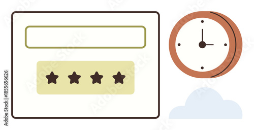 Login input form with password stars, analog clock showing time, and cloud icon. Ideal for security, protection, digital access, authentication, cybersecurity, time management simple flat metaphor