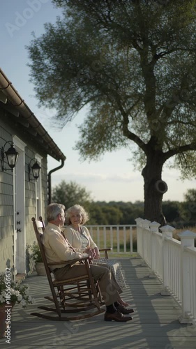 Senior man and woman sit on rocking chairs and talk on front porch of a house with a large tree. Peaceful outdoor living for retired couple relationship.