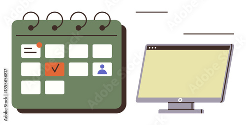 Green calendar with highlighted task and user icon next to a desktop monitor. Ideal for time management, project planning, organization, reminders, productivity, scheduling, business solutions. Clean