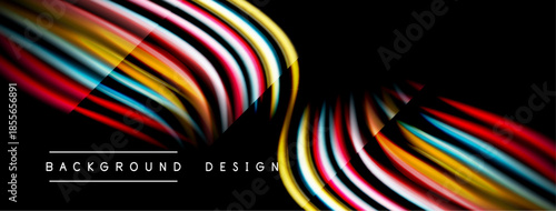 Abstract colorful lines create dynamic flow. Black background emphasizes vibrant curves, modern design element.