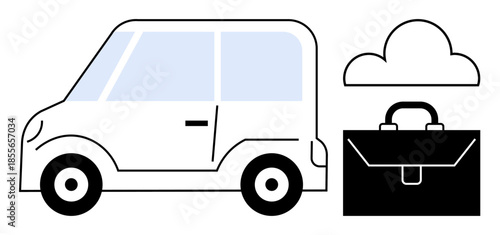 Business mobility, cloud computing, data storage, travel logistics, transportation, work solutions. Minimalist car next to a briefcase and cloud. Business mobility and cloud computing concept