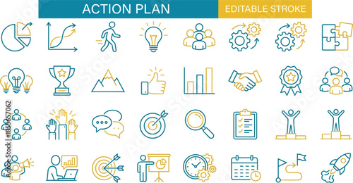 Action plan editable stroke icon set, business strategy symbols, goal achievement, teamwork, planning process, growth analytics, productivity management design