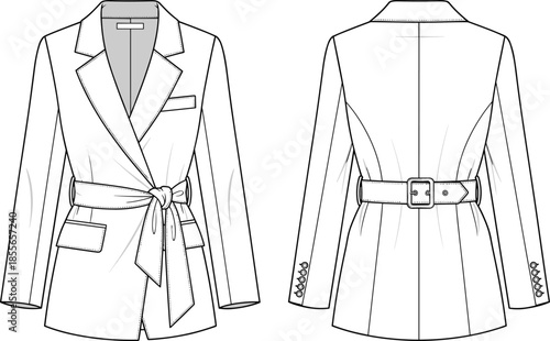 Women, tailored, blazer, technical, fashion, illustration, front, back, view, belt, waist, jacket, apparel, design, flat, sketch, vector, outline, clothing, pattern, template, modern, elegant, styling