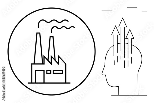 Industrial process concept. Industrial factories produce emissions and impact creativity. Industrial systems influence environmental thinking and inspire innovation solutions. For business