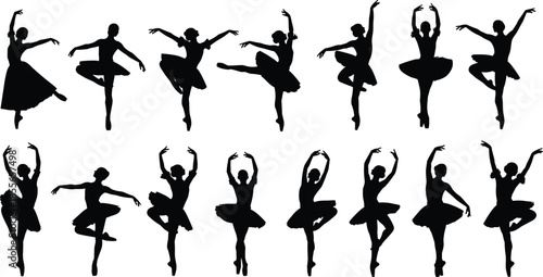 Ballet dancer silhouette illustration set, classical poses, graceful movements, extended arms and legs, black vector icons, isolated