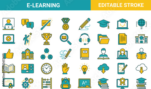 E-learning editable stroke icon set, online education symbols, digital courses, virtual classroom, students, teachers, knowledge, modern learning design, graphics, collection