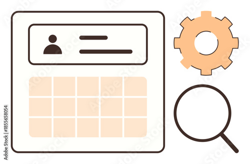 Profile card with an avatar, text fields, grid layout, gear representing settings, and magnifying glass symbolizing search. Ideal for user management, technology, UIUX design, navigation data