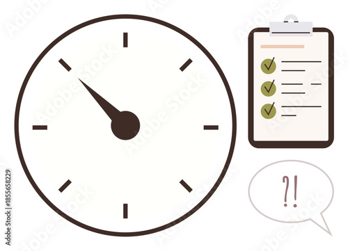Analog clock nearing deadline, checklist with completed tasks, and speech bubble implying urgency. Ideal for time management, productivity, deadlines, task completion, efficiency, prioritization