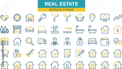 Real estate editable stroke icon set, property management symbols, home buying, selling, rental, mortgage, investment, modern housing design
