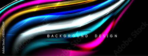 Abstract colorful lines flow across black space. Bright shades create dynamic visual effect. Modern design element.