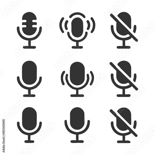 Set of nine microphone icons indicating sound recording and silence options.