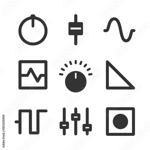 Audio and signal control icons: knobs, sliders, waves, adjustments, frequency.