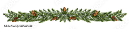 Realistic fir branches with cones in the snow