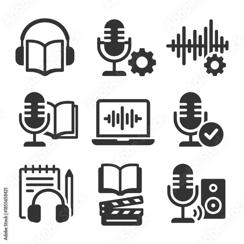 Audio and podcast icon set featuring microphones, books, and sound wave symbols.