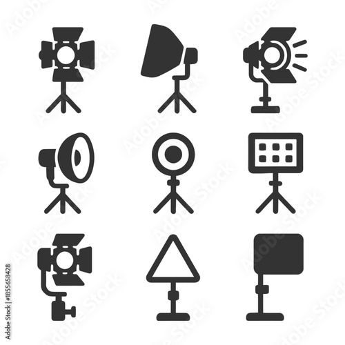 Studio lighting equipment icons: tripods, softboxes, spotlight, ring light, reflector.