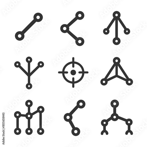 Set of nine minimalist network and connection icons in black.