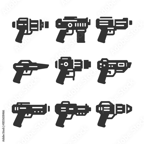 Set of nine futuristic handheld laser guns in black silhouette.