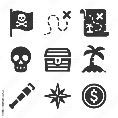 Pirate adventure icons: skull, treasure map, jolly roger, chest, telescope, palm island.