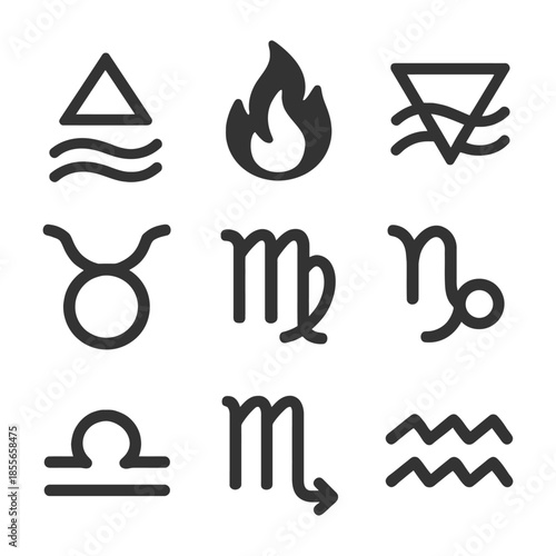Set of zodiac and element symbols: earth, fire, water, air, taurus, virgo, capricorn, libra, scorpio, aquarius.
