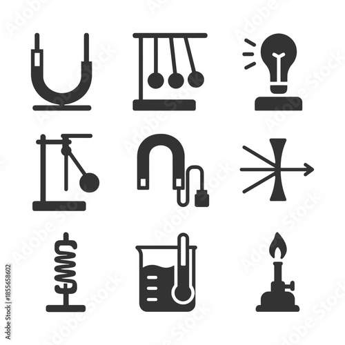 Science icons: physics tools and concepts in black and white illustrations.