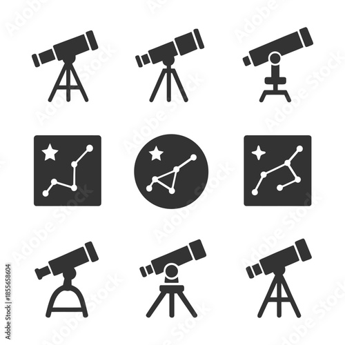 Set of telescope and star constellation icons in black and white design.